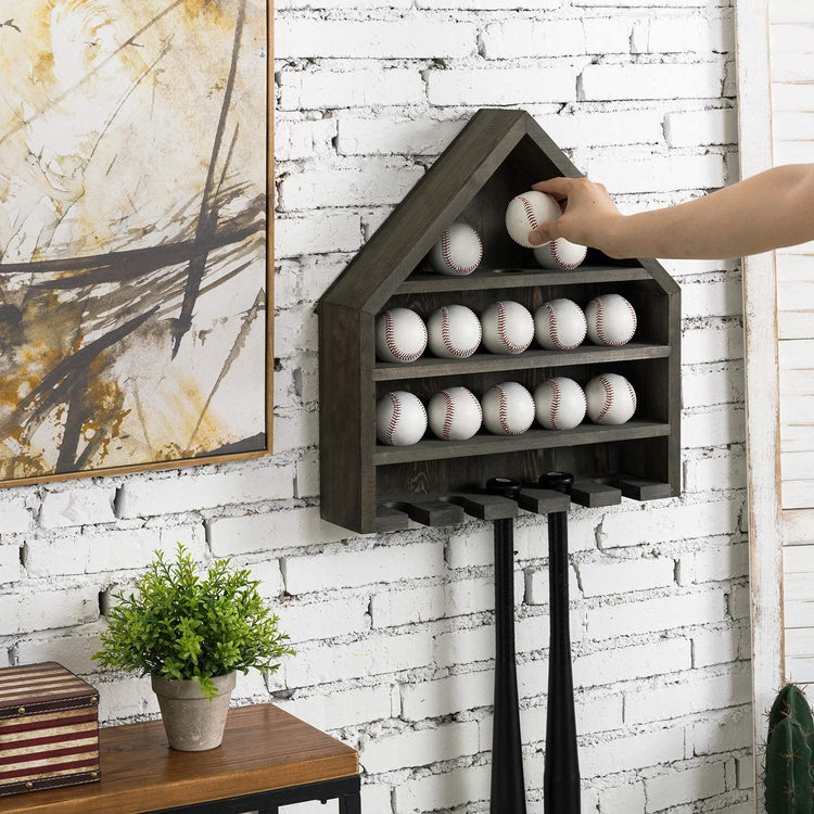 Gray Wood Home Plate-Shaped Wall Mounted Baseball and Bat Storage Display Shelf Rack