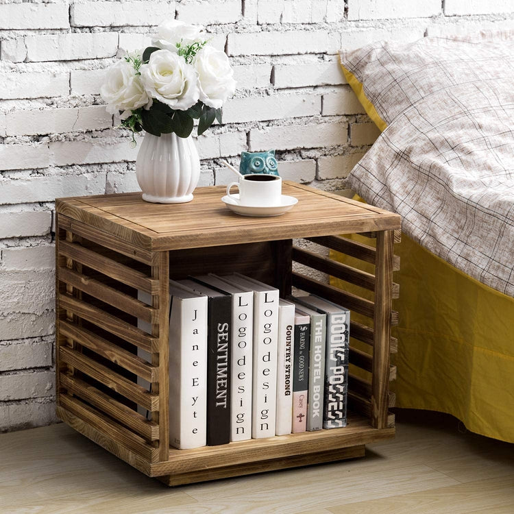 Mid-century Modern Dark Brown Wood Bedside End Table / Nightstand with Slated Crate Design