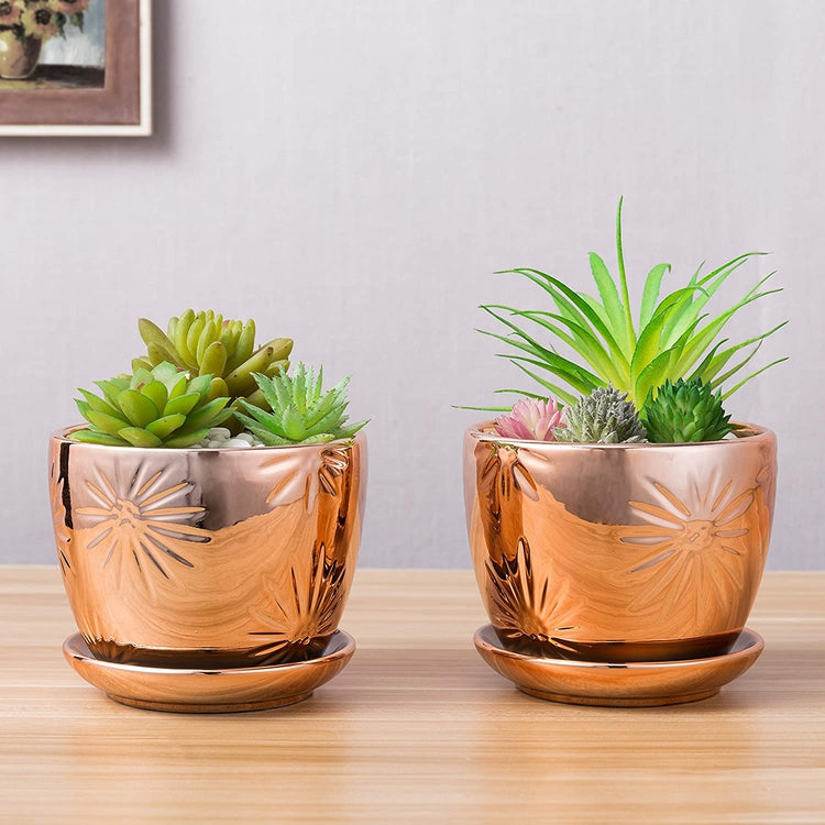 Rose Gold Ceramic Planter with Starburst Design and Saucer, Set of 2