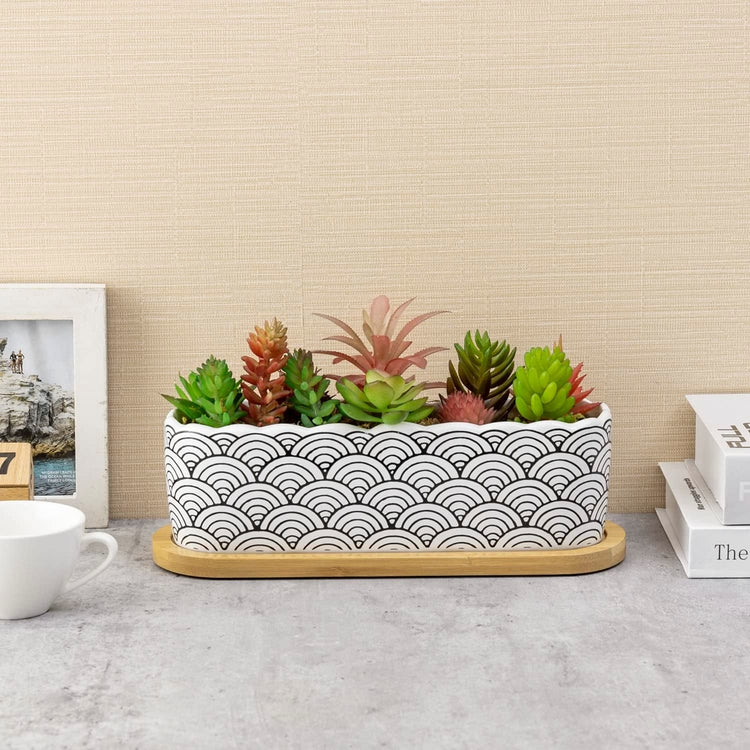 11 Inch Black and White Waves Scallop Edged Glazed Ceramic Planter with Bamboo Tray, Japanese Seigaiha Pattern