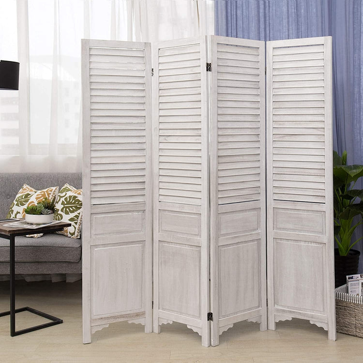 Vintage White Wood Louvered Folding Room Divider w/4-Panels