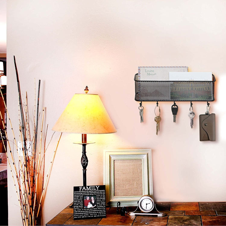 5 Key Hook Modern Black Wall Mounted with Metal Wire Mesh Mail Basket