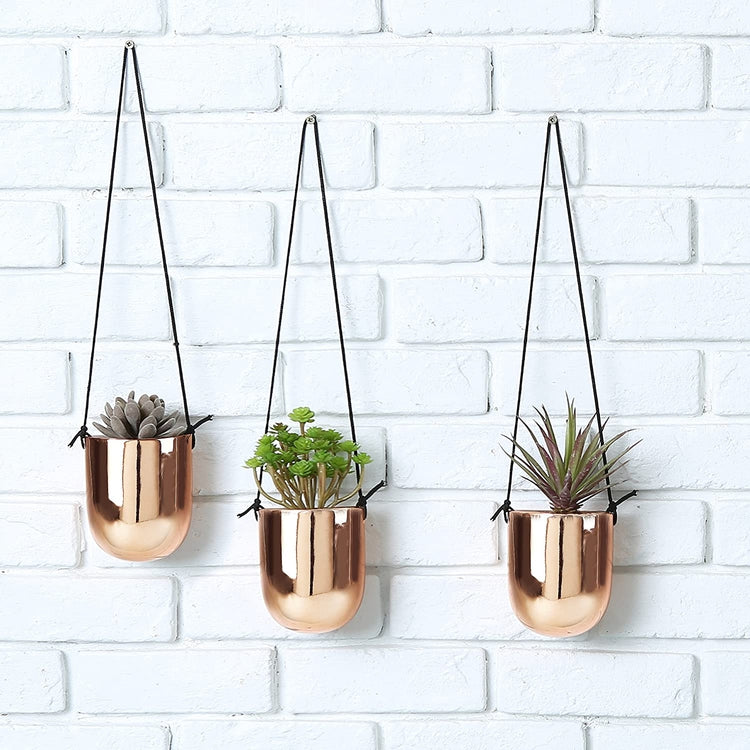 Metallic Copper-Tone Round Ceramic Hanging Planters, Set of 3