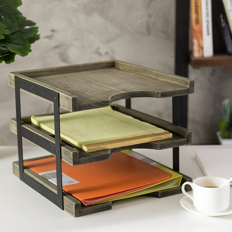 Rustic Brown Wood & Black Metal 3-Tier File & Document Tray