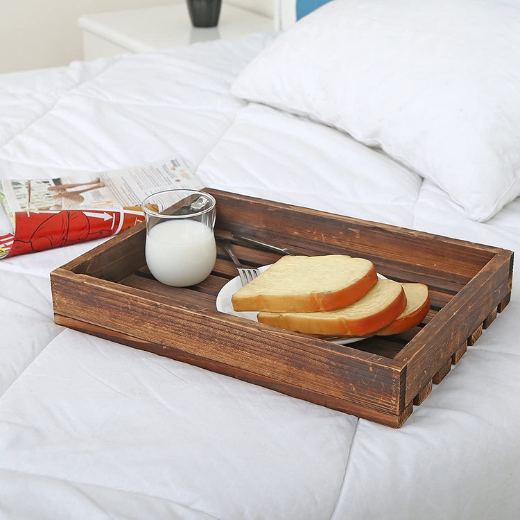 Country Rustic Wood Slat Breakfast Serving Tray, Rectangular Display Stand, Dark Brown