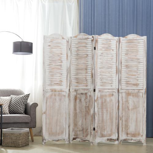 Antique Whitewashed Wood Room Divider Screen, 4 Panels