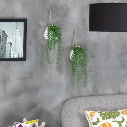 Artificial String of Pearls Plants in White Ceramic Wall-Hanging Plant Pots, Set of 2