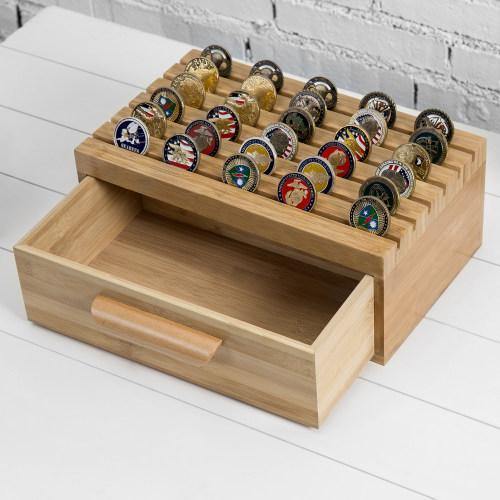 Bamboo Challenge Coin/Casino Chip Display with Drawer