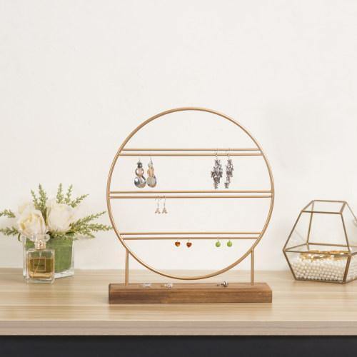 Brass Tone Metal & Burnt Wood Earring Holder