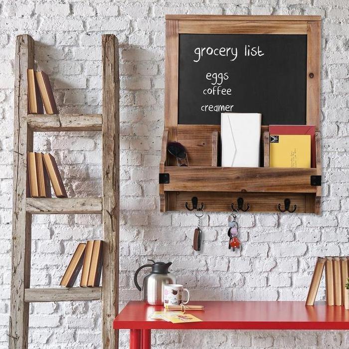 Burnt Wood Wall-Mounted Entryway Organizer with Chalkboard Sign & Key Hooks