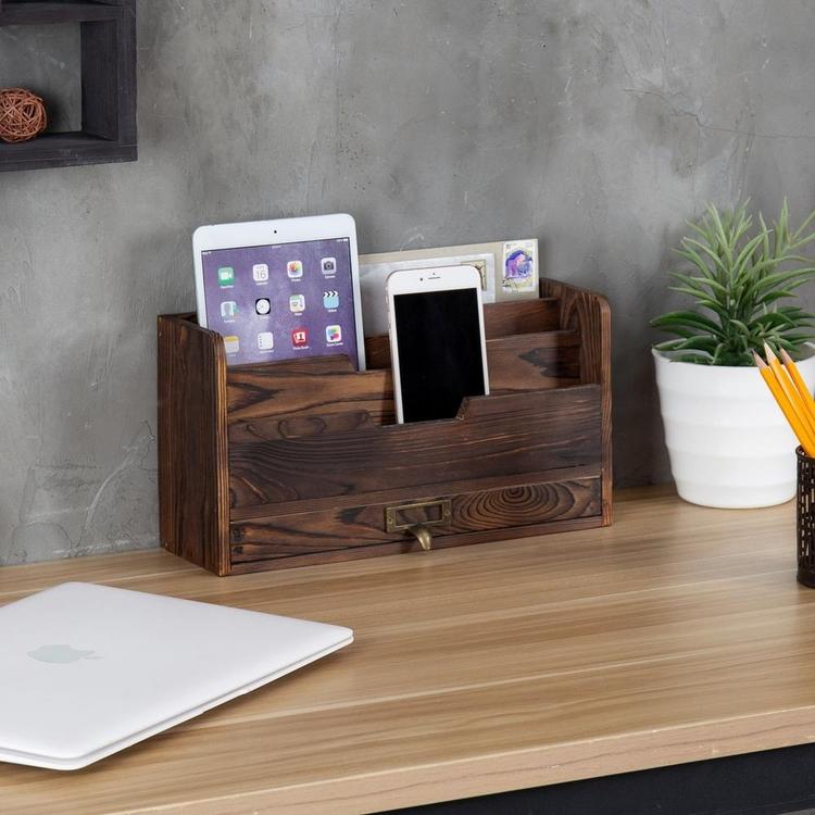 Coffee Brown Desk Mail Organizer w/ Storage Drawer