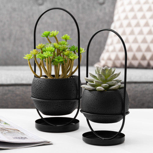 Black Concrete Succulent Planter w/ Matte Black Metal Wire Stand, Set of 2