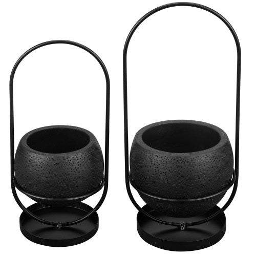 Black Concrete Succulent Planter w/ Matte Black Metal Wire Stand, Set of 2-MyGift