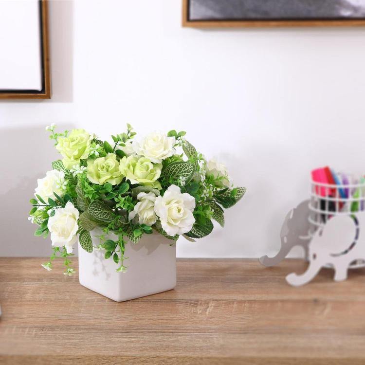 Faux Ivory Rose Floral Arrangement in White Ceramic Vase