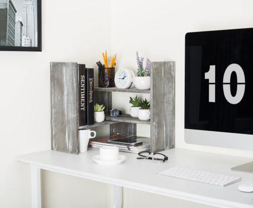 Distressed Gray Wood Adjustable Desktop Bookshelves