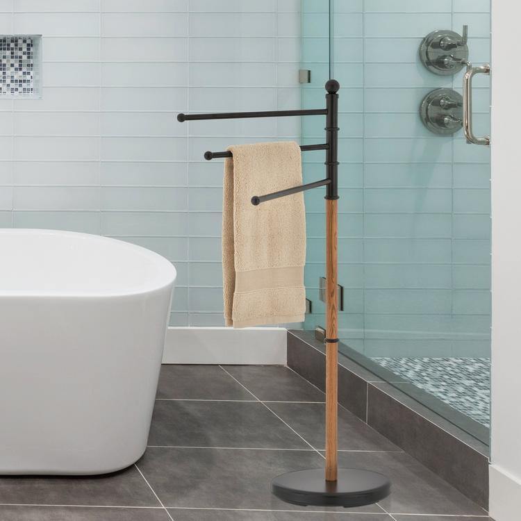 Freestanding Black Steel and Oak Tone Towel Rack