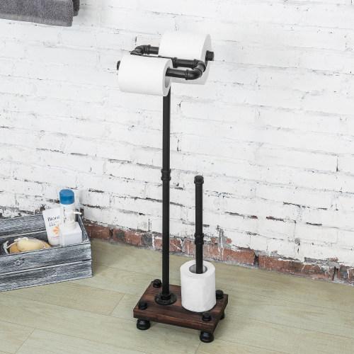 Freestanding Industrial Pipe &  Burnt Wood Toilet Paper Roll Holder