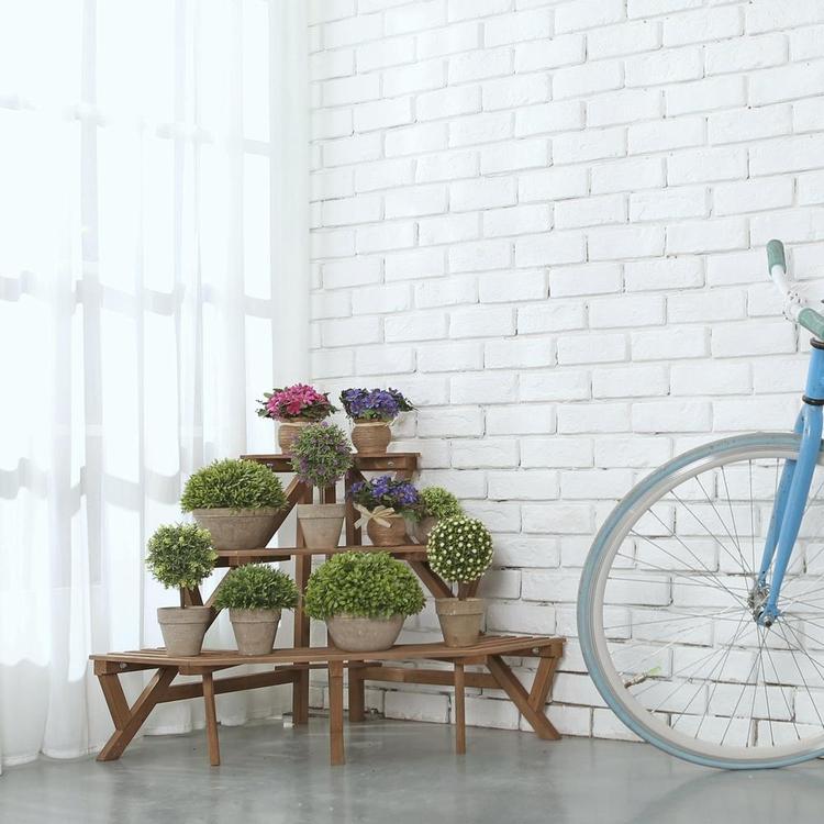 Freestanding Rustic Brown Wood Corner Shelf Plant Pot Stand