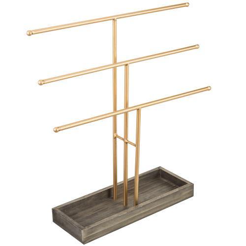 Gold Metal Jewelry Organizer Stand with Gray Wood Ring Tray - MyGift
