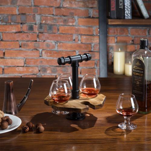 Industrial Pipe & Burnt Wood Beer/Whiskey Flight Set with 4 Glasses