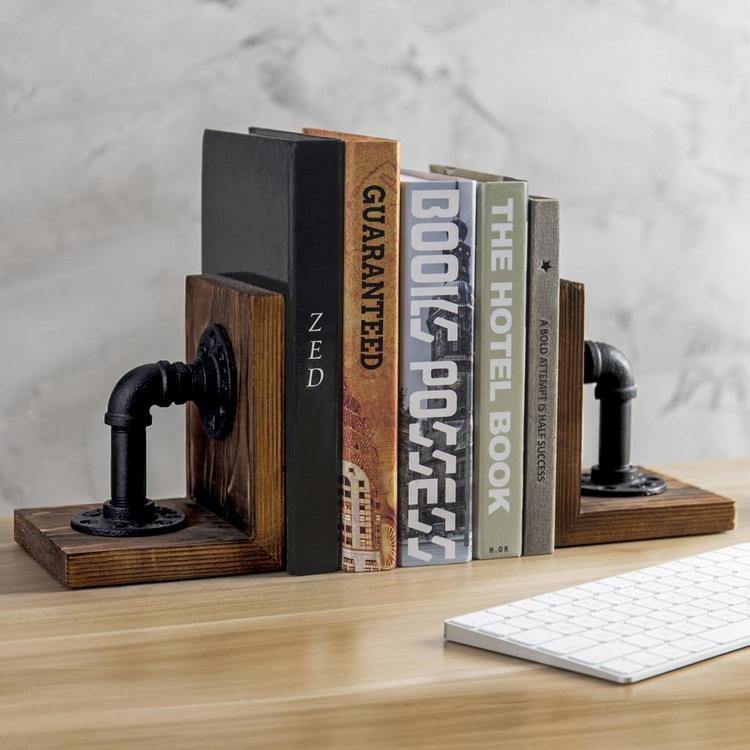 Industrial Pipe & Brown Wood Bookends - MyGift