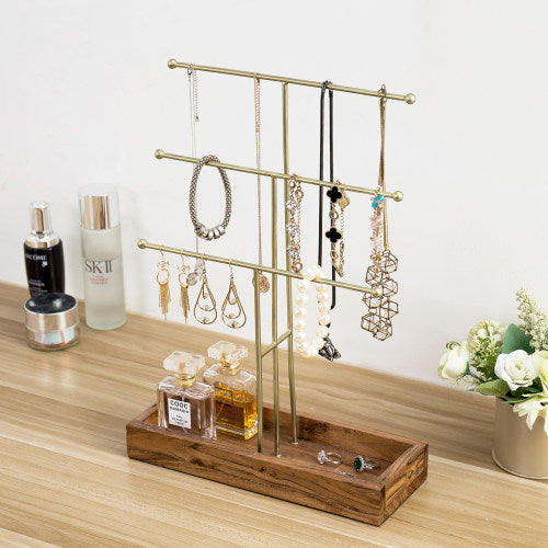 Brass Metal Jewelry Stand w/ Acacia Wood Ring Tray