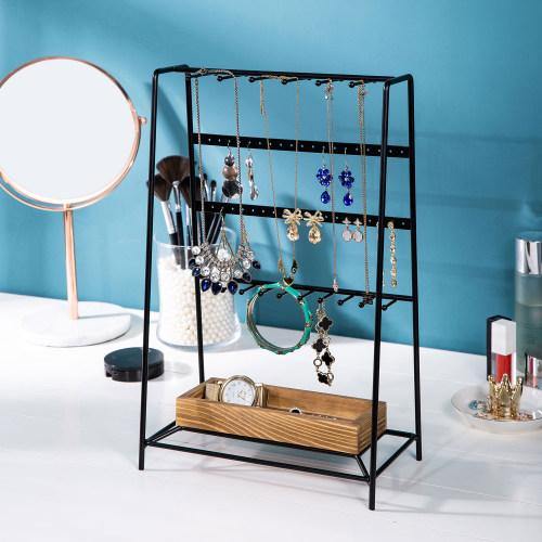 Modern Black Metal Jewelry Organizer Tower w/ Rustic Burnt Wood