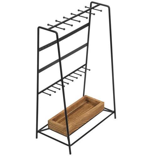 Modern Black Metal Jewelry Organizer Tower w/ Rustic Burnt Wood - MyGift