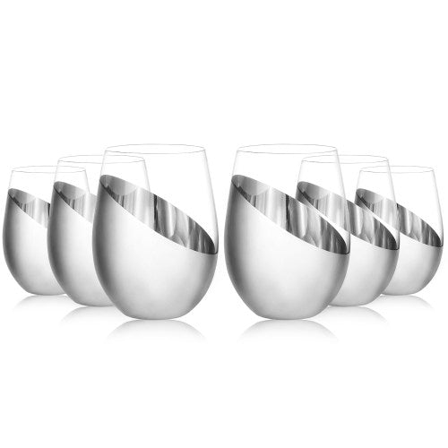 Modern Tilted Silver Stemless Wine Glasses, Set of 6