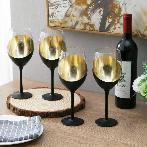 Modern Matte Black & Gold Stemmed Wine Glasses, Set of 4