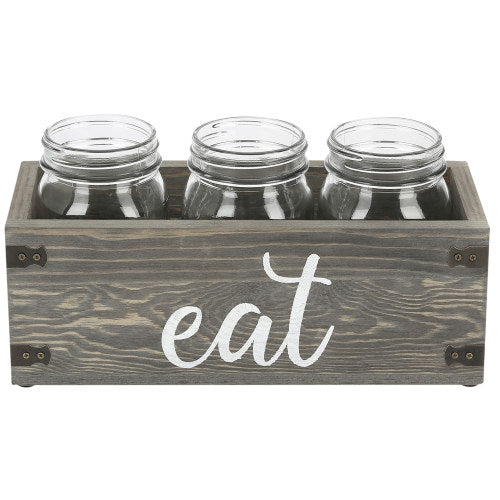 Vintage Gray Wood & Mason Jar Utensil Holder w/ EAT Writing & Metal Wraps-MyGift