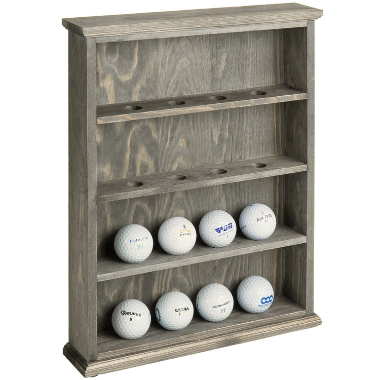 4-Tier Gray Wood Wall Mounted or Tabletop Golf Ball Display Case, Ball Holder Shelf Rack