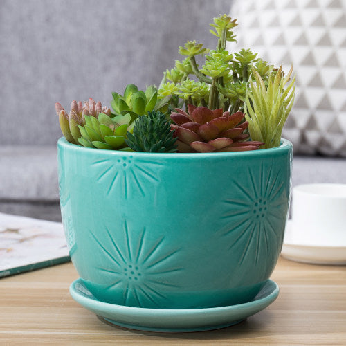 Aqua Blue Sunburst Ceramic Round Planter Pot w/ Saucer