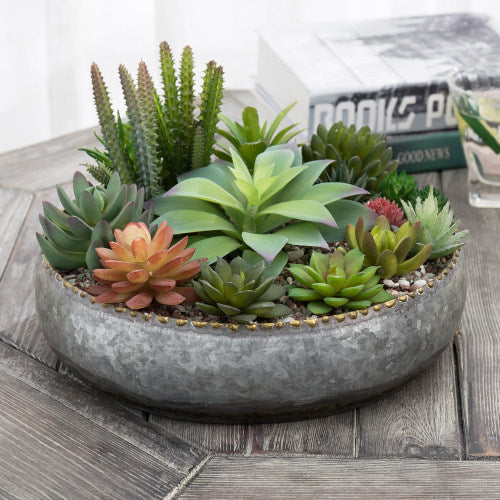 Round Galvanized Silver Metal Planter Bowl w/ Brass-Tone Pebbled Rim