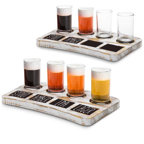 Whitewashed Wood Beer Flight Tray with Chalkboard Labels, Set of 2 - MyGift