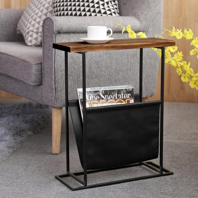 Modern Brown Wood & Black Metal End Table with Magazine Holder Sling