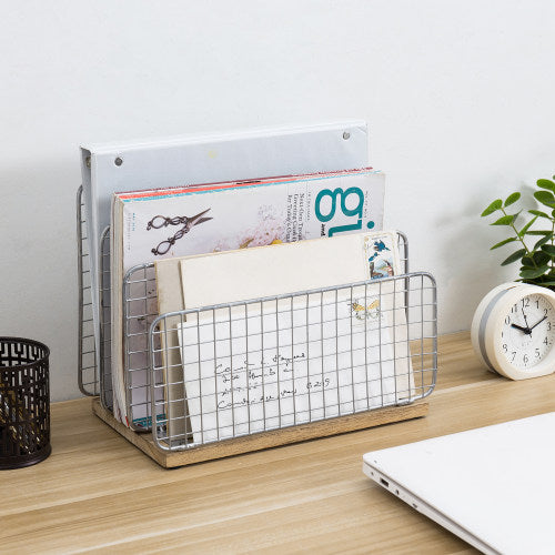 Rustic Brown Burnt Wood & Silver Metal Wire File Document/Mail Organizer
