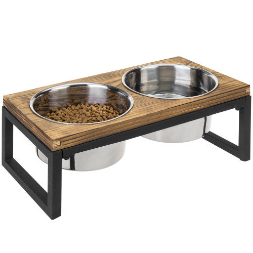 Burnt Wood & Black Metal Dog Feeder w/ Stainless Steel Bowls
