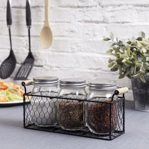 Rustic Chicken Wire Condiment/Utensil Caddy with Mason Jars
