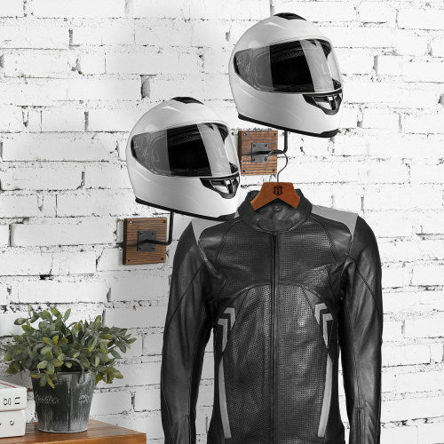 Black Metal Deluxe Helmet Holder Rack w/ Burnt Wood Base, Set of 2