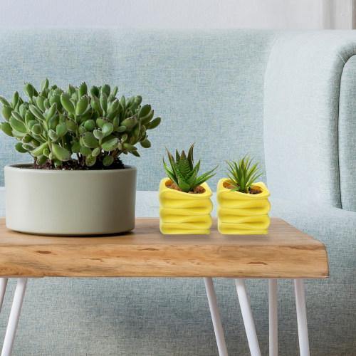Square Small Yellow Ceramic Planter Pot, Set of 2
