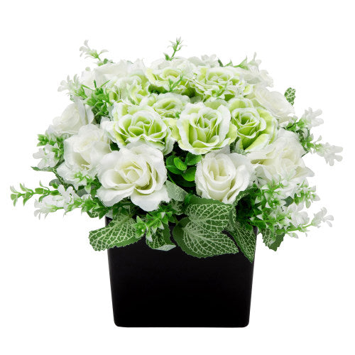 Faux Ivory Rose Floral Arrangement in Black Ceramic Vase-MyGift