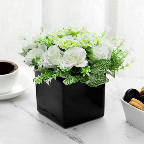 Faux Ivory Rose Floral Arrangement in Black Ceramic Vase