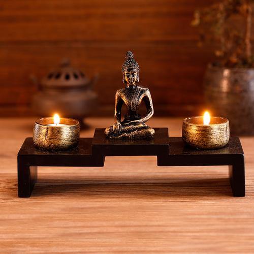 Mini Buddha Statue w/ Wood Base and 2 Tealight Holders