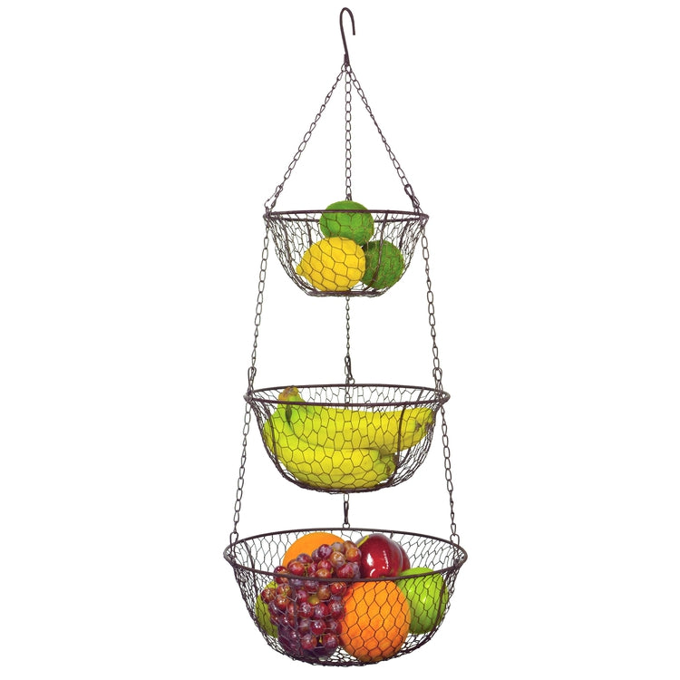 3-Tier Bronze-Tone Metal Chicken Wire Hanging Storage Baskets