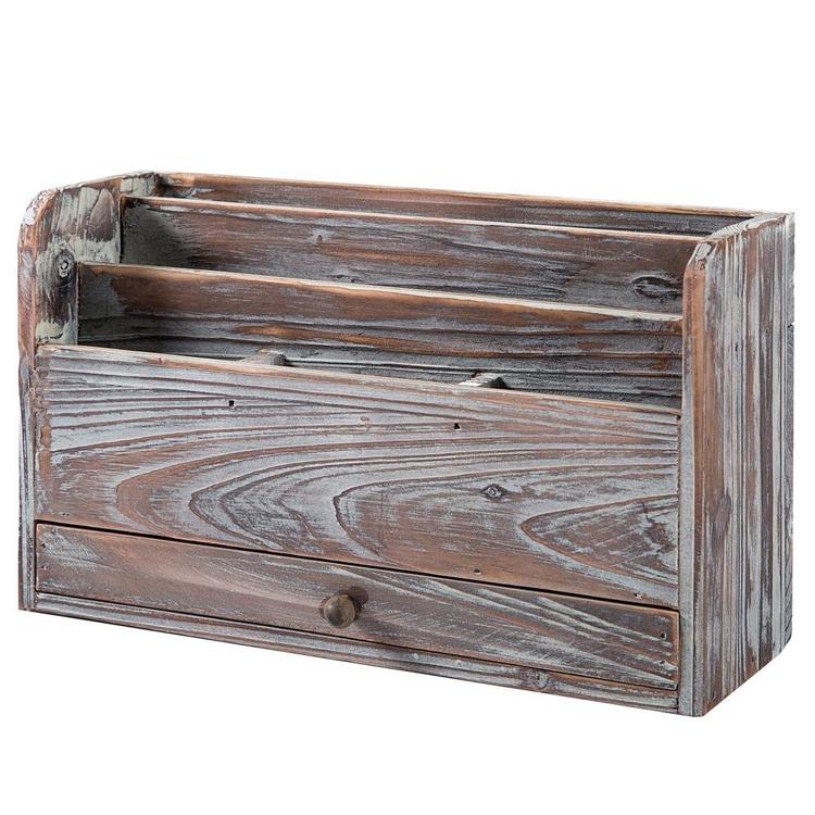 Torched Wood Desktop Office Supplies / Document Organizer Rack, Brown - MyGift Enterprise LLC