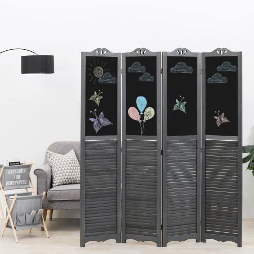 4 Panel Vintage Gray Wood Louvered Room Divider with Chalkboard Panels