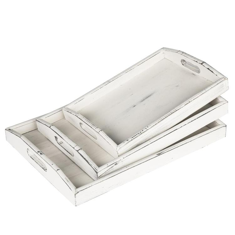 Vintage Rustic White Wood Nesting Serving Trays with Oval Cutout Handles, Set of 3