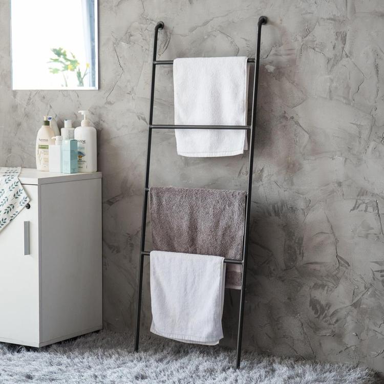 Wall-Leaning Ladder Towel Rack, Black Metal