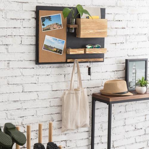 Wall-Mounted Organizer with Cork Bulletin Board, Mail Holder, Key Hooks, Flower Vase